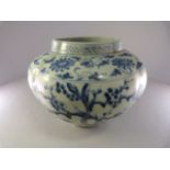 Chinese Blue and White Melon shaped vase depicting Peach Blossom to one side and Black pine to the