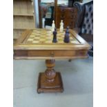 Mahogany wooden chess table with drawer containing chess pieces