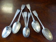 Three hallmarked silver serving spoons by Charles Boyton (II) and four other spoons. (7)