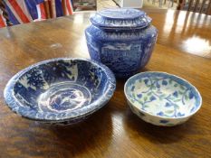 Maling Ware Ringtons biscuit barrel and two more blue and white dishes