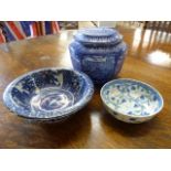 Maling Ware Ringtons biscuit barrel and two more blue and white dishes