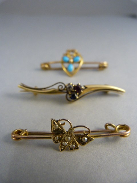 Three Gold bar brooches: 1 x 9ct (1931 Chester Hallmark) butterfly brooch set with Seed Pearls, - Image 2 of 3