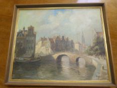 Jan Van Hessel (Dutch) oil on Canvas of a Dutch River scene, signed lower right