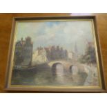 Jan Van Hessel (Dutch) oil on Canvas of a Dutch River scene, signed lower right