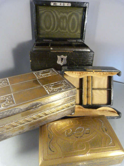 Silver plated trinket box wooden lined, along with another brass tin with hand painted decoration to