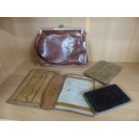 Vintage leather handbag and three various purses