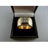Heavy 18ct Yellow Gold Gents Diamond Ring. The hand carved shank is approx 13mm at its narrowest