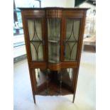 Unusual glass fronted Edwardian inlaid corner cabinet with three glass panels (one curved) inside