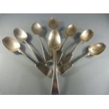 Collection of eight various silver teaspoons. To include five Exeter 1875 by Josiah Williams & Co,