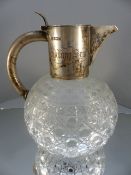 Cut Glass baluster Claret jug with hallmarked Silver Collar, Lid and Handle. Hallmarked Shefflied