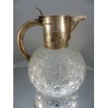 Cut Glass baluster Claret jug with hallmarked Silver Collar, Lid and Handle. Hallmarked Shefflied