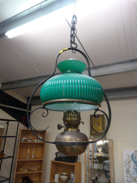 Green Baluster hanging centre oil light with cast iron frame and chain to hold up