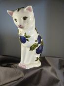 Wemyss Pottery figure of a seated cat from the Animals Collection 1996. Decorated with fruit and