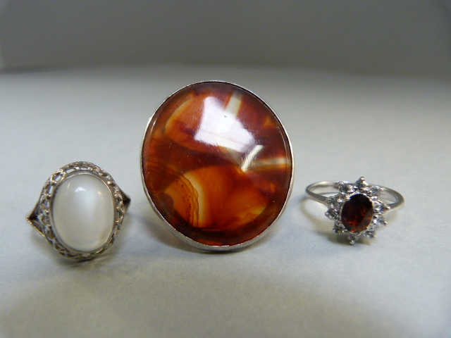Three Silver rings - Garnet CZ, Moonstone and Agate