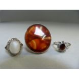 Three Silver rings - Garnet CZ, Moonstone and Agate