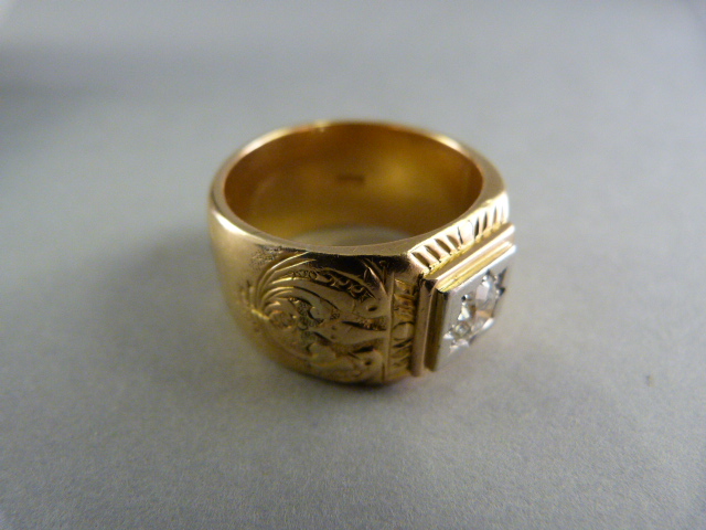 Heavy 18ct Yellow Gold Gents Diamond Ring. The hand carved shank is approx 13mm at its narrowest - Image 2 of 5