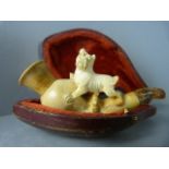 Meerschaum pipe with carved dog to stem in original fitted case