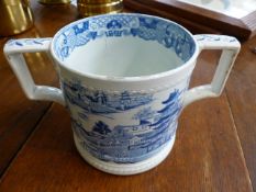 19th c Blue and White transfer loving cup - no marks to base