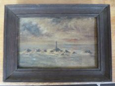 Unsigned oil on Canvas - Study of a light house out to sea in rough seas sunset c1800