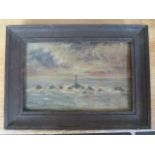 Unsigned oil on Canvas - Study of a light house out to sea in rough seas sunset c1800