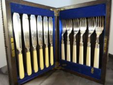 Oak boxed set of knives and forks - set of six silverplate with bone handles