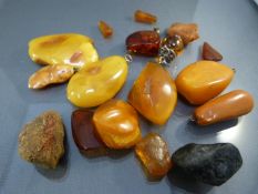 Collection of Raw butterscotch amber and various butterscotch pendants