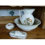 Victorian Earthenware Washing set to include Washbowl, jug, soap dish and powder pot.