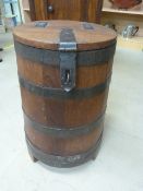 Brass bound Indian hardwood Peat bucket with hinged lid and on legs