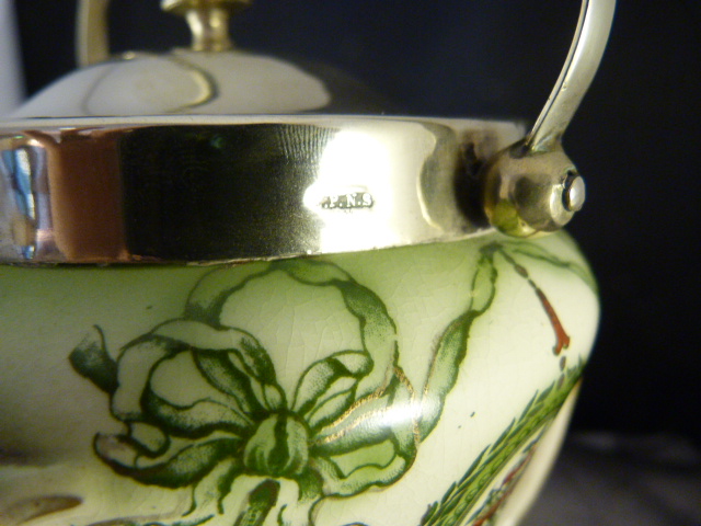 Royal Devonware tri-handled biscuit barrel with silver plated lid and handle. Foliate design to - Image 6 of 12