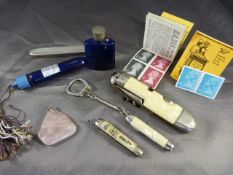 Mother of pearl handled fruit knives and other pocket knives along with a Rose Quartz pendant and