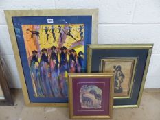 Three Tribal paintings, probably souvenir pictures. 1 painted on banana leaf