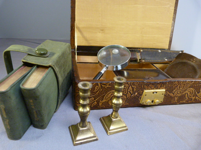 Leather jewellery box containing miniature candlesticks, miniature glass, miniature prayer books - Image 7 of 8