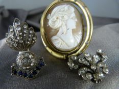 Pinchbeck Cameo Mourning brooch along with a Silver paste brooch marked 900 and one other with