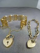 Hallmarked 9ct Gate bracelet with locking heart padlock along with one other two bar gate bracelet