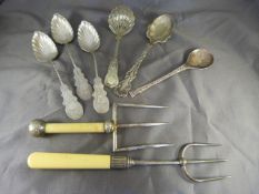 Pair of victorian meat skewers with bone handles, set of three teaspoons and one other, silver