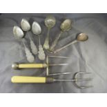 Pair of victorian meat skewers with bone handles, set of three teaspoons and one other, silver