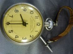 Railway timekeeper 'Nickel cased pocket watch' - open face with leather fob strap