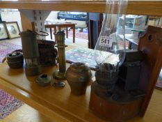 Lipton's Souvenir Tea Caddy, small oil lamp, various brass fittings, pair of Denhill binoculars in