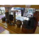 Lipton's Souvenir Tea Caddy, small oil lamp, various brass fittings, pair of Denhill binoculars in