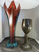 Beswick Goblet shaped brown vase no 1799 along with a Large tall vase Ruby encased in Blue glass