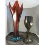Beswick Goblet shaped brown vase no 1799 along with a Large tall vase Ruby encased in Blue glass
