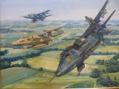 "Welcome Home" - Oil on board of 3 Jaguars in flight Post Gulf War - by Artist Mr Bender an artist