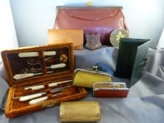 Ladies sewing purses - Large red leather purse with amber coloured catch to top, 5 other various