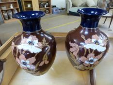 Pair of Lovatts Langley ware vases with glazed painted decoration