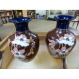 Pair of Lovatts Langley ware vases with glazed painted decoration