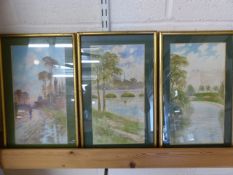 Set of three watercolours by H Woods 1902 of river scenes