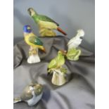 Royal Copenhagen pottery bird, Dresden pottery bird A/F and three others