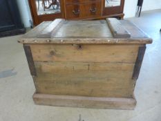 Antique metal bound tool trunk with sliding tray inside