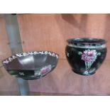 Shelley black ground Carnation Jardiniere and matching fruit bowl - flaking to paint mostly on the