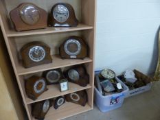 Various mantle clocks A/F along with parts and spares over two shelves and two boxes